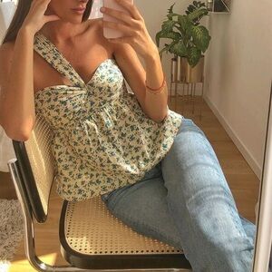 Zadig & Voltaire Cream One-Shoulder Floral Camisole with Blue Print